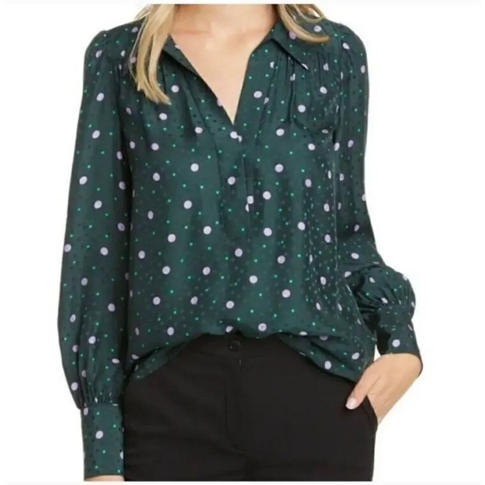 Kate Spade Pine Forest Green Pop Dots Blouse Size XS Silk Blend